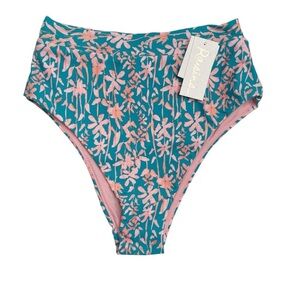 Raisins Tropic High-Waisted Bikini Bottoms Floral Print Teal Pink XS New